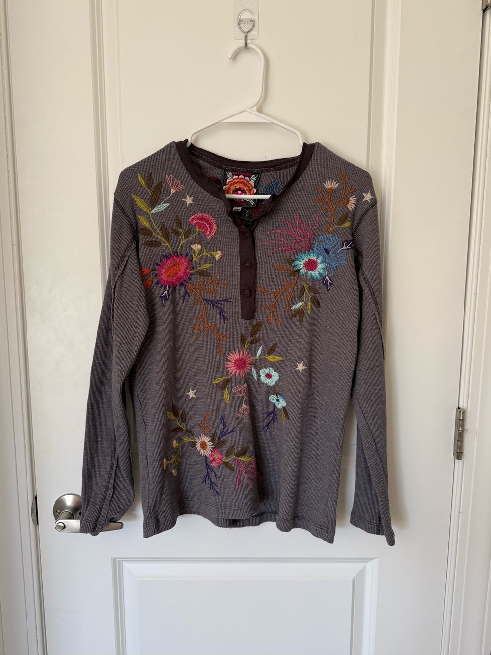 Johnny Was Ulla Floral Embroidered Henley Long Sleeve Top